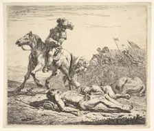 Battlefield with horseman looking over his left shoulder toward stripped corpse on the gro..., 1652. Creator: Karel Du Jardin