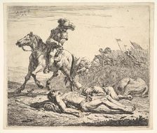 Battlefield with horseman looking over his left shoulder toward stripped corpse on the gro..., 1652. Creator: Karel Du Jardin