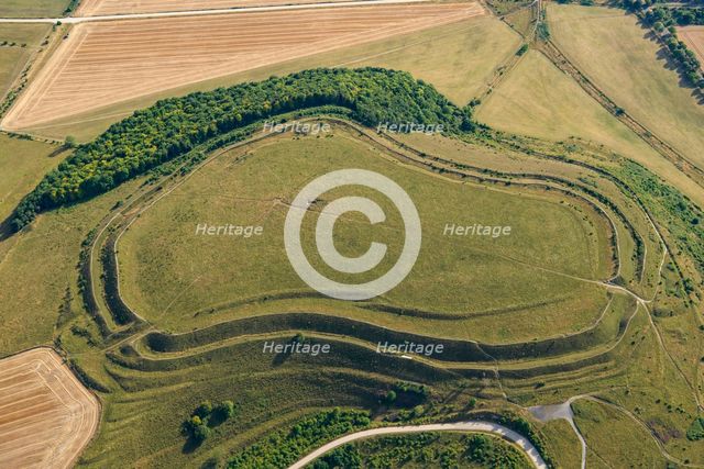 Battlesbury Hill, a multivallate Iron Age hillfort earthwork, Warminster, Wiltshire, 2022. Creator: Damian Grady.