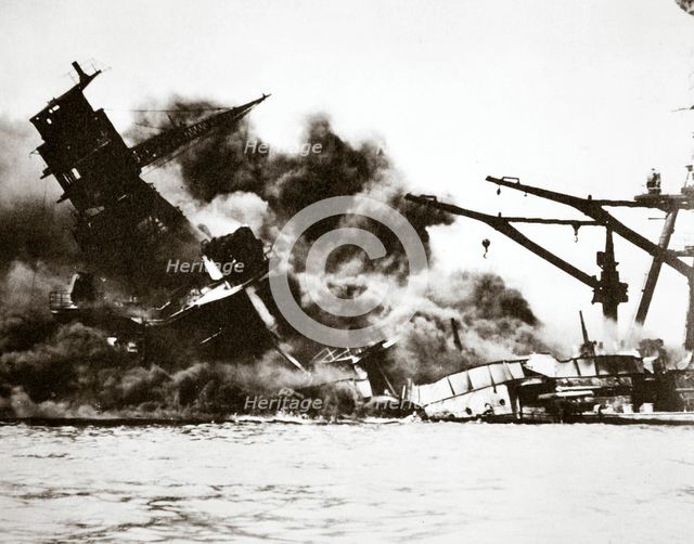 Battleship USS 'Arizona' (BB-39) sinking during the attack on Pearl Harbour, 1941. Creator: Unknown.