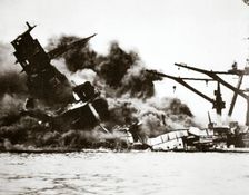 Battleship USS Arizona (BB-39) sinking during the attack on Pearl Harbour, 1941. Creator: Unknown