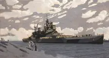 Battleship in Suez Canal [HMS Howe], between 1939 and 1946. Creators: Central Office of Information, Charles Pears