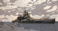 Battleship in Suez Canal [HMS Howe], between 1939 and 1946. Creators: Central Office of Information, Charles Pears