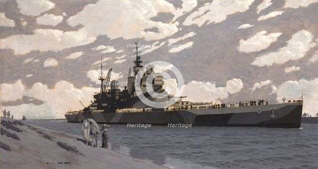 Battleship in Suez Canal [HMS Howe], between 1939 and 1946. Creators: Central Office of Information, Charles Pears.