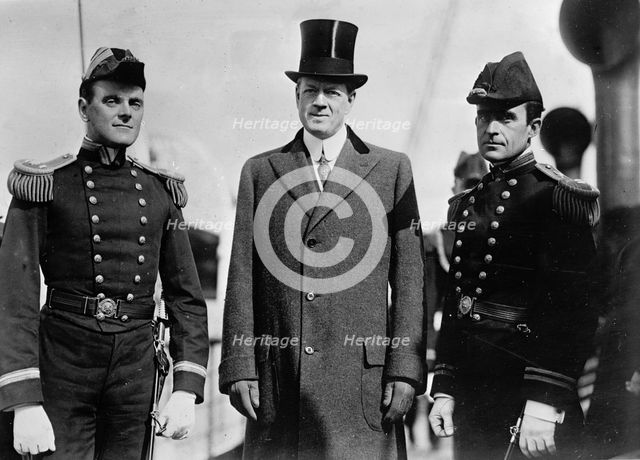 Battleship Review, Unidentified Naval officer; Postmaster General Hitchcock; Dr. Cary..., 1912. Creator: Harris & Ewing.