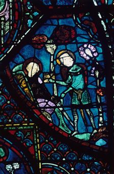 Baudoin tends the dying Roland, stained glass, Chartres Cathedral, France, 1194-1260
