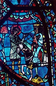 Baudoin tells Charlemagne of the death of Roland, stained glass, Chartres Cathedral, 1194-1260