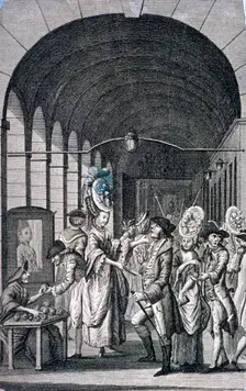 Bawds and pickpockets around a trader at Covent Garden piazza, Westminster, London, c1780. Artist: Anon