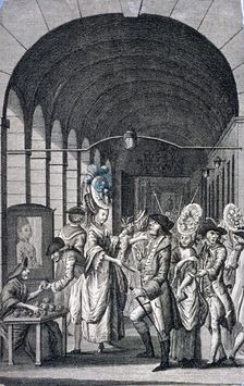Bawds and pickpockets around a trader at Covent Garden piazza, Westminster, London, c1780. Artist: Anon