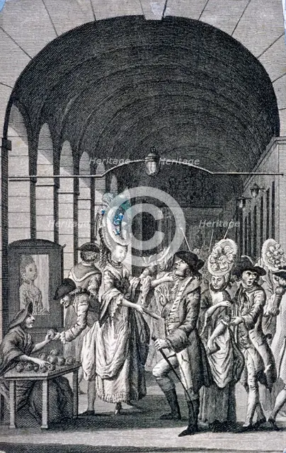 Bawds and pickpockets around a trader at Covent Garden piazza, Westminster, London, c1780. Artist: Anon