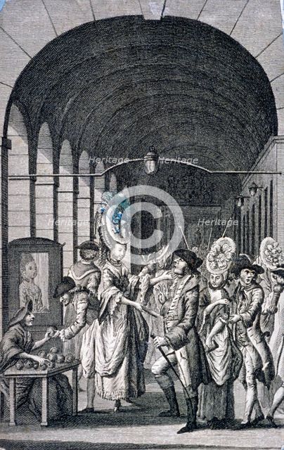 Bawds and pickpockets around a trader at Covent Garden piazza, Westminster, London, c1780. Artist: Anon