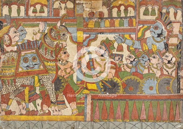 Babhruvahana Surrenders the Sacrificial Horse Syamakarna to His Father ..., c1850. Creator: Unknown.