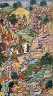 Babur hunting deer between Ali Shang and Alangar near Kabul, Afghanistan, 1520. Creator: Paras
