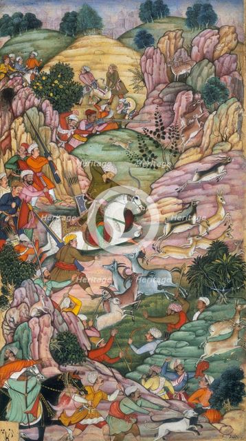 Babur hunting deer between 'Ali Shang and Alangar near Kabul, Afghanistan, 1520. Creator: Paras.