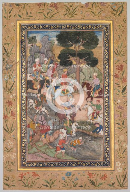 Babur meeting with Sultan Ali Mirza at the Kohik River, from a Babur-nama (Memoirs of Babur), c. 159 Creator: Unknown.