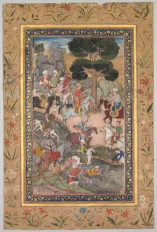 Babur meeting with Sultan Ali Mirza at the Kohik River, from a Babur-nama (Memoirs of Babur), c. 159 Creator: Unknown