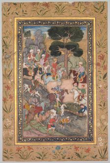 Babur meeting with Sultan Ali Mirza at the Kohik River, from a Babur-nama (Memoirs of Babur), c. 159 Creator: Unknown