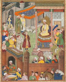 Babur receives booty and Humayun’s salute after the victory over Sultan Ibrahim..., c. 1596-1597 or Creator: Unknown