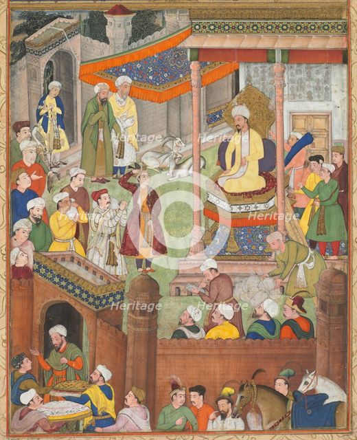 Babur receives booty and Humayun’s salute after the victory over Sultan Ibrahim..., c. 1596-1597 or  Creator: Unknown.