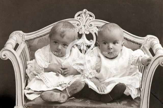 Baby twins on a small sofa. Creator: Unknown.