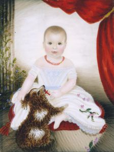Baby with Rattle and Dog, 1842. Creator: Clarissa Peters