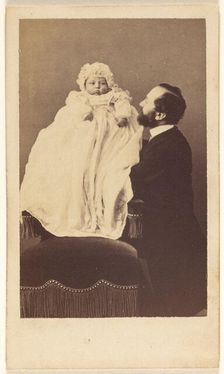 Baby in a bonnet and a long gown, about 1860. Creator: Desire Durand