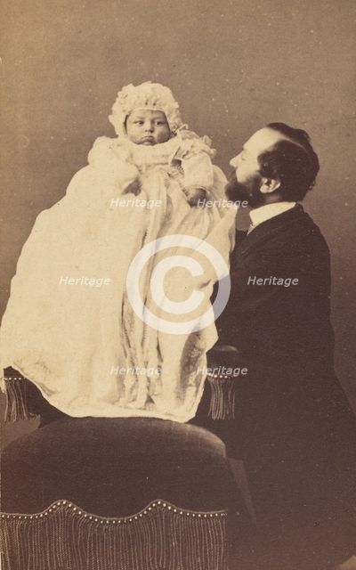Baby in a bonnet and a long gown, about 1860. Creator: Desire Durand.