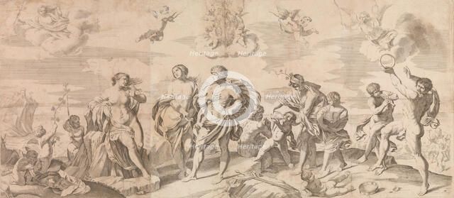 Bacchus with his companions discovering Ariadne on the island of Naxos, after Reni, 165..., 1650-80. Creator: Gian Battista Bolognini.