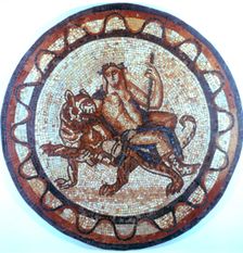 Bacchus, Ancient Roman god of Wine, riding on a tiger, Roman mosaic, 1st or 2nd century