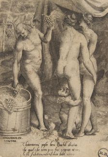 Bacchus giving grapes to women, from The Loves of the Gods 1531-60. Creator: Giulio Bonasone