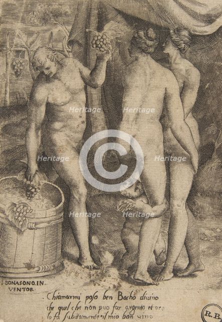 Bacchus giving grapes to women, from 'The Loves of the Gods', 1531-60. Creator: Giulio Bonasone.