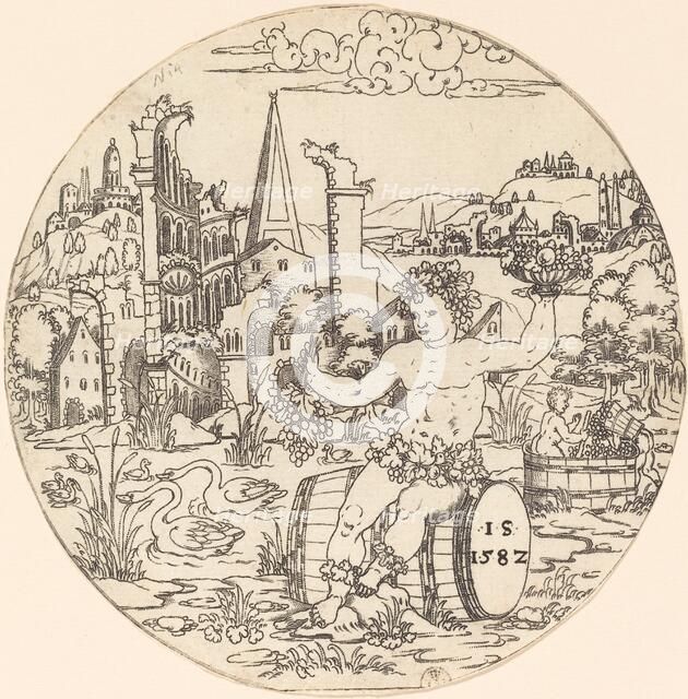 Bacchus Seated in a Landscape, 1582. Creator: Master I.S..