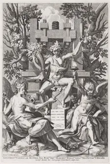 Bacchus Seated on a Barrel between Amor and Music, c. 1590. Creator: Johann Sadeler I