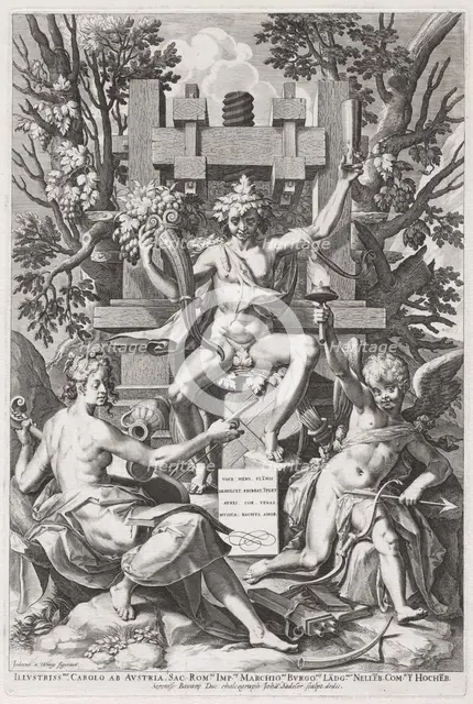 Bacchus Seated on a Barrel between Amor and Music, c. 1590. Creator: Johann Sadeler I.
