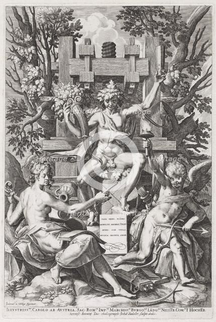 Bacchus Seated on a Barrel between Amor and Music, c. 1590. Creator: Johann Sadeler I.