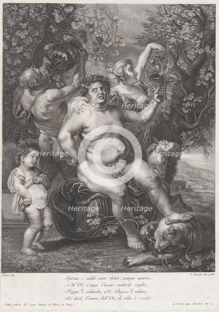 Bacchus seated on a barrel in front of grapevines, with bacchantes, satyrs, and children s..., 1758. Creator: Pietro Peiroleri.