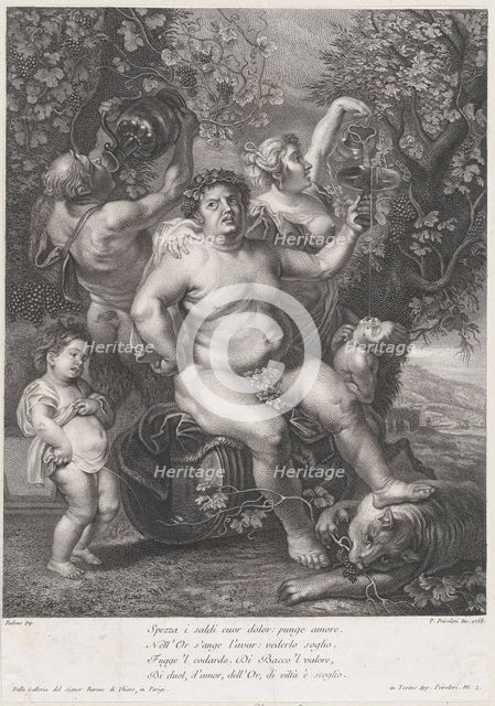 Bacchus seated on a barrel in front of grapevines, with bacchantes, satyrs, and children s..., 1758. Creator: Pietro Peiroleri.