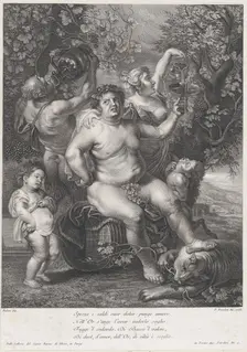 Bacchus seated on a barrel in front of grapevines, with bacchantes, satyrs, and children s..., 1758. Creator: Pietro Peiroleri