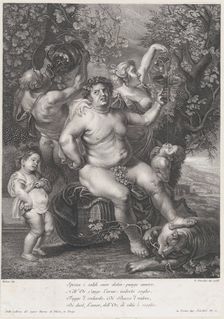 Bacchus seated on a barrel in front of grapevines, with bacchantes, satyrs, and children s..., 1758. Creator: Pietro Peiroleri