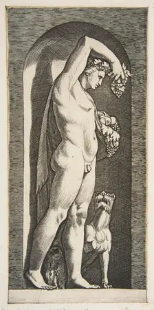 Bacchus standing in a niche holding grapes in his raised right hand, fruit in his l..., ca. 1515-27. Creator: Marco Dente