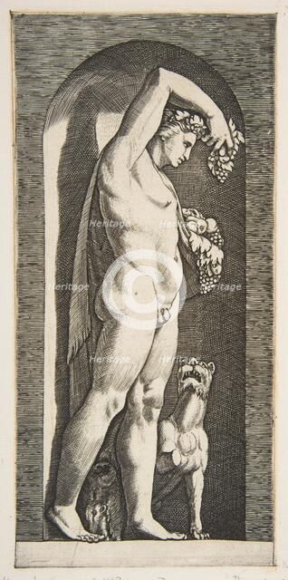 Bacchus standing in a niche holding grapes in his raised right hand, fruit in his l..., ca. 1515-27. Creator: Marco Dente.