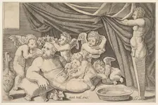 Bacchus surrounded by Putti, a statue of Priapus at right, 1530-60. Creator: Master of the Die