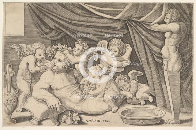 Bacchus surrounded by Putti, a statue of Priapus at right, 1530-60. Creator: Master of the Die.