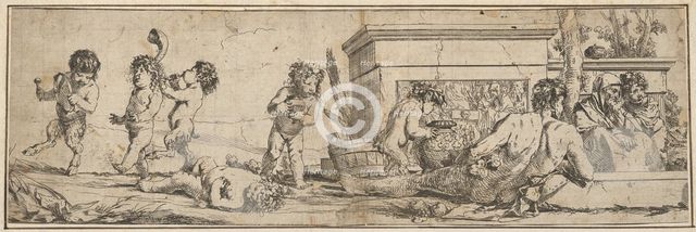 Bacchanal with infant satyrs and putti at left, a naked male figure reclines in front o..., 1633-78. Creator: Giulio Carpioni.