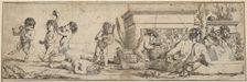 Bacchanal with infant satyrs and putti at left, a naked male figure reclines in front o..., 1633-78. Creator: Giulio Carpioni