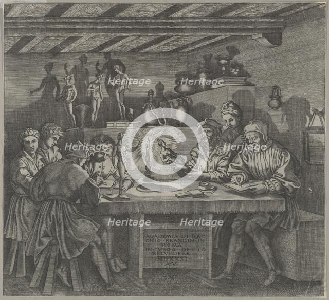 Baccio Bandinelli in his studio holding a statuette of Venus, students sketching from a mo..., 1531. Creator: Agostino Veneziano.