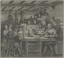 Baccio Bandinelli in his studio holding a statuette of Venus, students sketching from a mo..., 1531. Creator: Agostino Veneziano