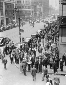 Background for Hightstown project photographs, Seventh Avenue and West 28th Street, New York, 1936. Creator: Dorothea Lange