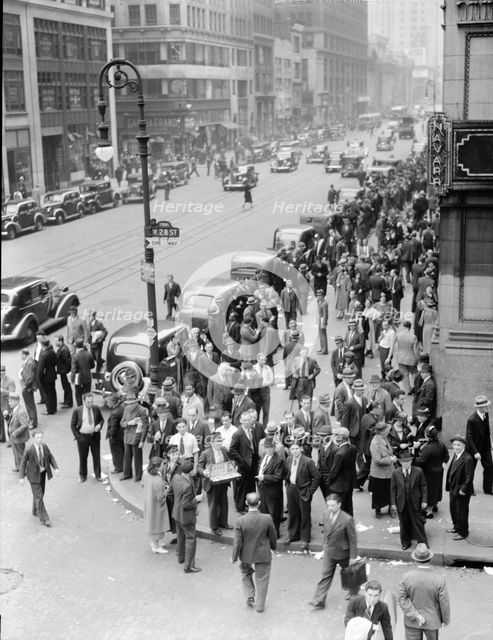 Background for Hightstown project photographs, Seventh Avenue and West 28th Street, New York, 1936. Creator: Dorothea Lange.