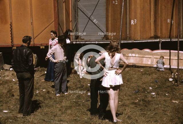 Backstage at the "girlie" show at the Vermont state fair, Rutland, 1941. Creator: Jack Delano.